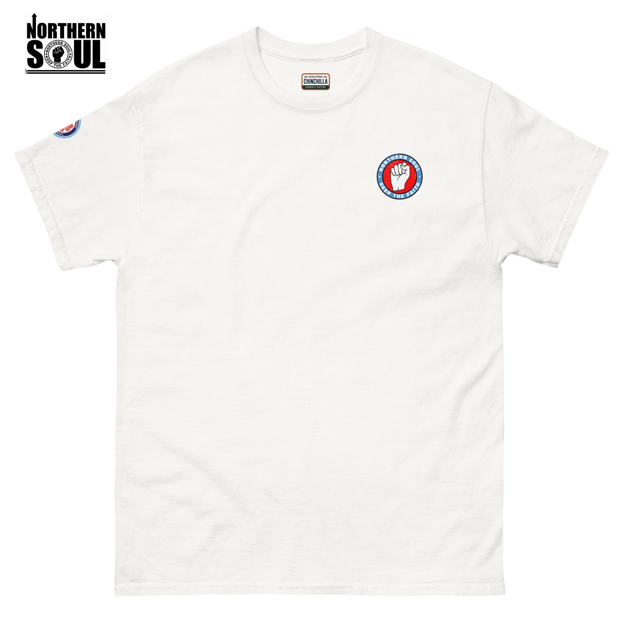 White t-shirt with logos on a white background, featuring 'Northern Soul' branding.